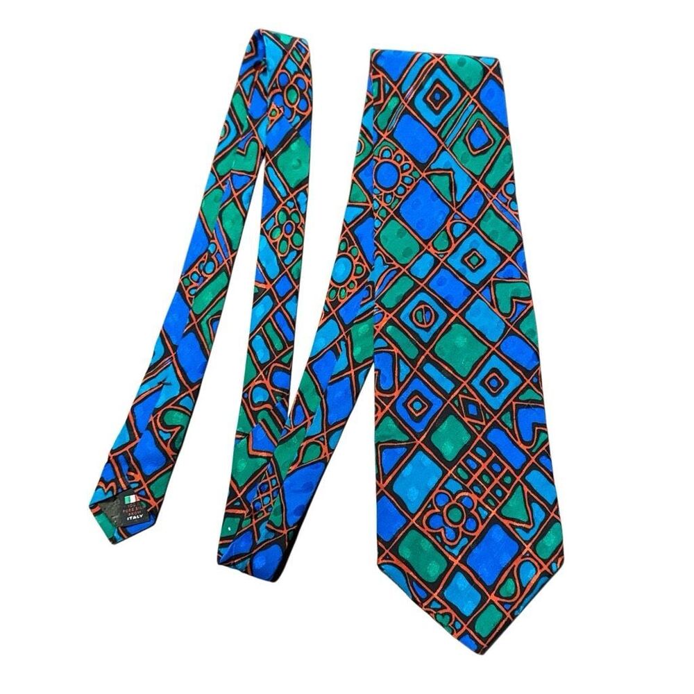 Vintage 1980s Silk Tie Serica for Cedrics  Blue Green Red Abstract Men’s 57”
